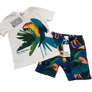NWT H&M Boys 6-8yr Set Shirt Shorts Tropical Macaw Parrot Vacation Outfit Lot